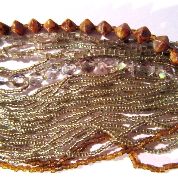 Gold beaded multi strand necklace with iridescent, clear and brown beading MCM - Picture 9 of 10